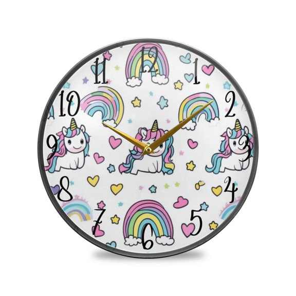 WOBOGO Pattern with Cute Unicorns and Rainbows Acrylic Wall Clock Battery Operated 9.5in Silent No Tick Bedroom Living Room Office Classroom Decoration