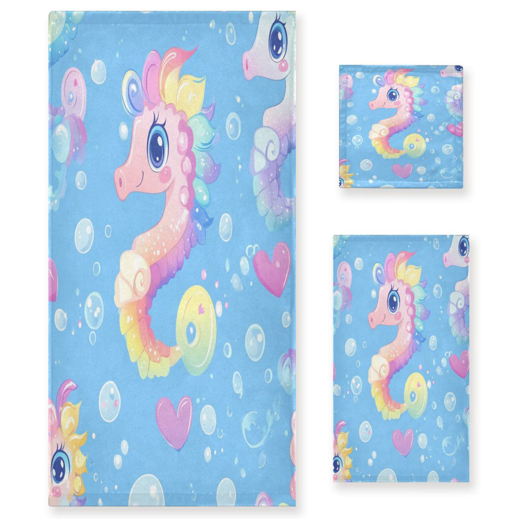 WOBOGO Pattern Featuring Cute Baby Seahorses Ultra Soft 3 Pack Cotton Towel Set for Everyday Use Lightweight and Compact