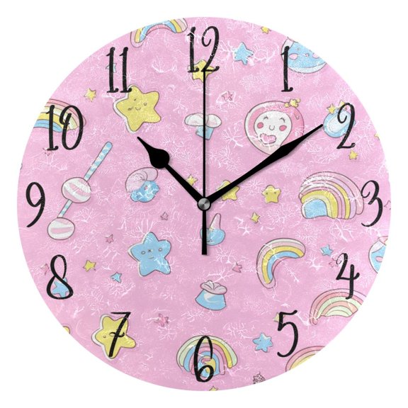 WOBOGO A Pattern Of Kawaii Candy and Stars Wall Clock 10in Silent Mechanism Battery Operated Retro Style for Living Room Bedroom and Kitchen Black Pointer