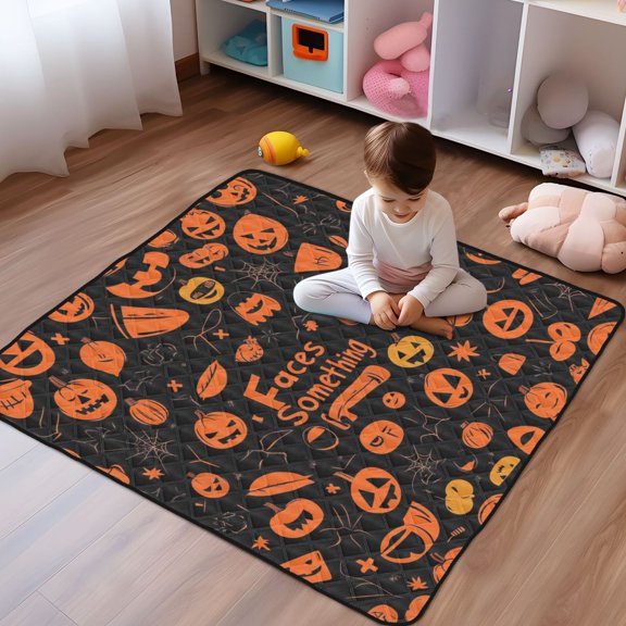 WOBOGO Pattern Of Black and Orange Halloween Symbols Baby Playmats Extra Large Waterproof Rollable Activity Pads for Toddlers 5050inch