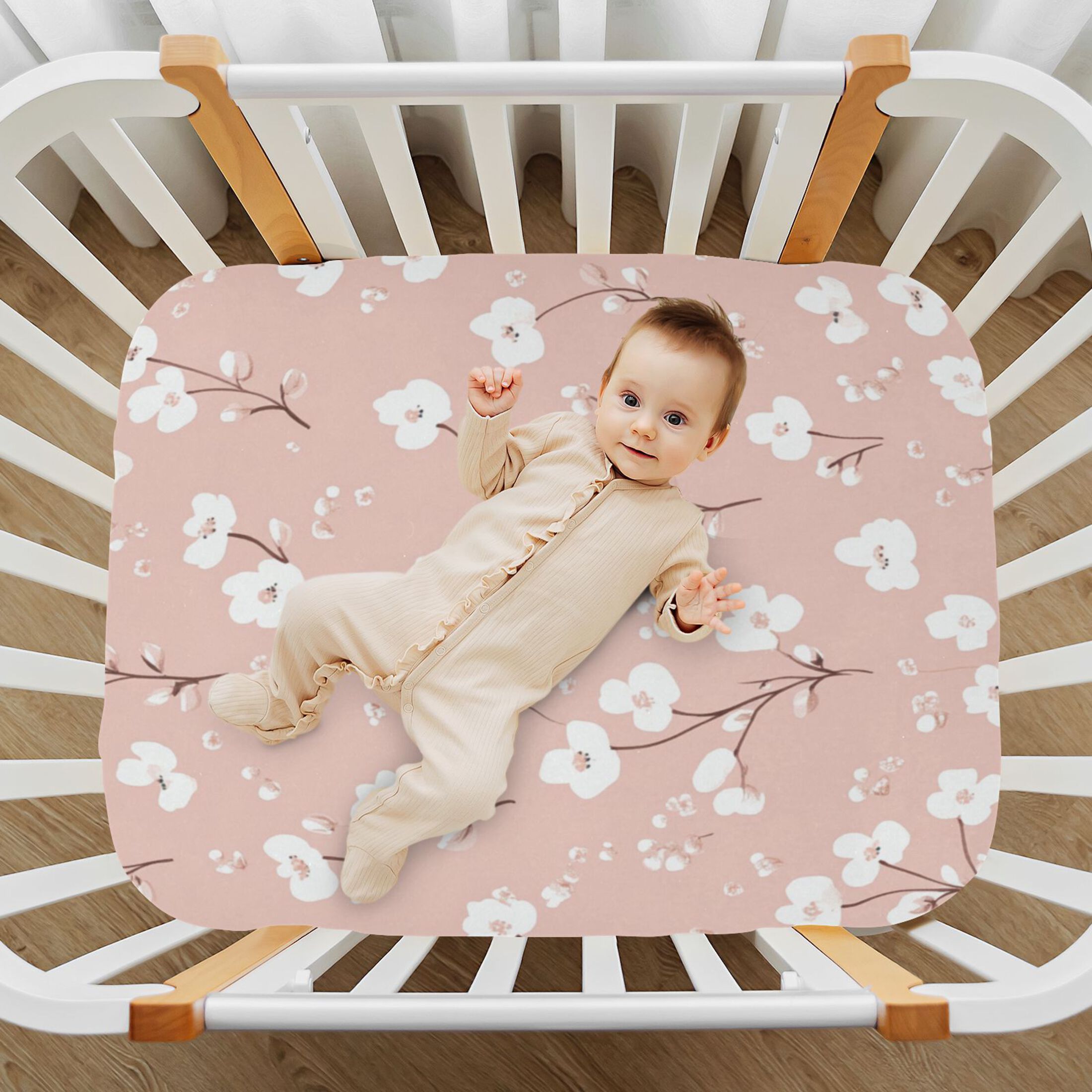 WOBOGO Pattern with Small White Flowers on Pink Background Baby Crib