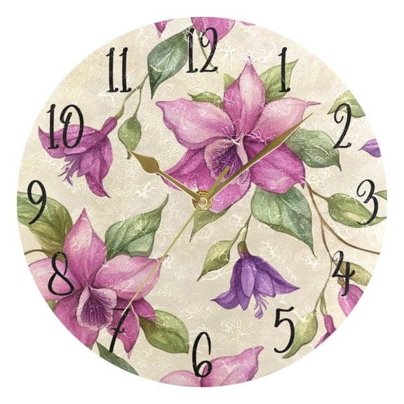 WOBOGO A Pattern with Watercolor Fuchsia Orchids Wall Clock 10in Silent Mechanism Battery Operated Retro Style for Living Room Bedroom and Kitchen Gold Pointer