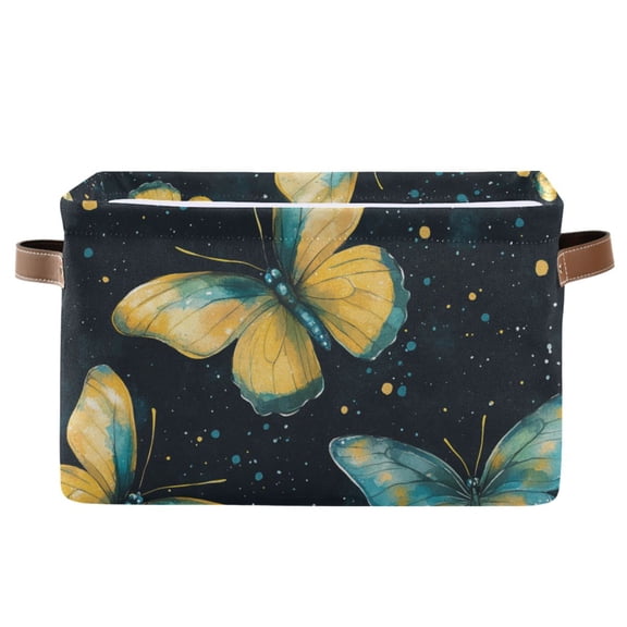 WOBOGO A Pattern Of Yellow Butterflies with Teal Wings Square Storage Basket with Waterproof Canvas and PE Lining Durable PU Leather Handles 14.2×10.2×8.3in