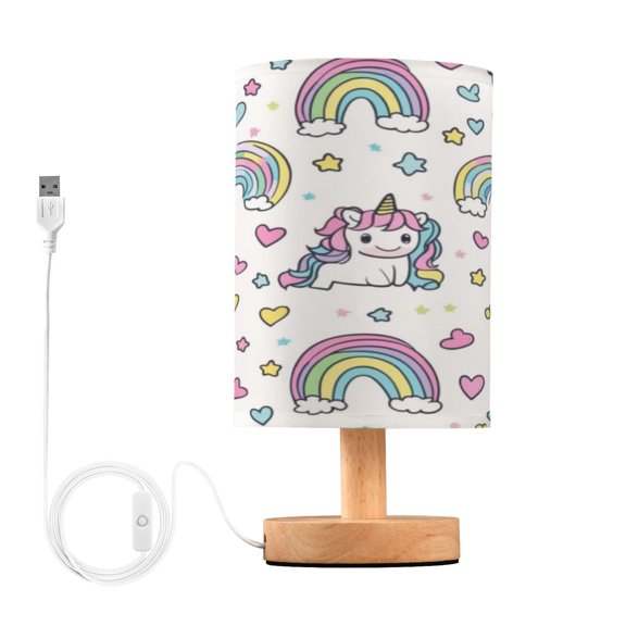 WOBOGO Pattern with Cute Unicorns and Rainbows Bedroom Table Lamp USB Power Connector Wooden Base Round Linen Shade For Living Room Desk