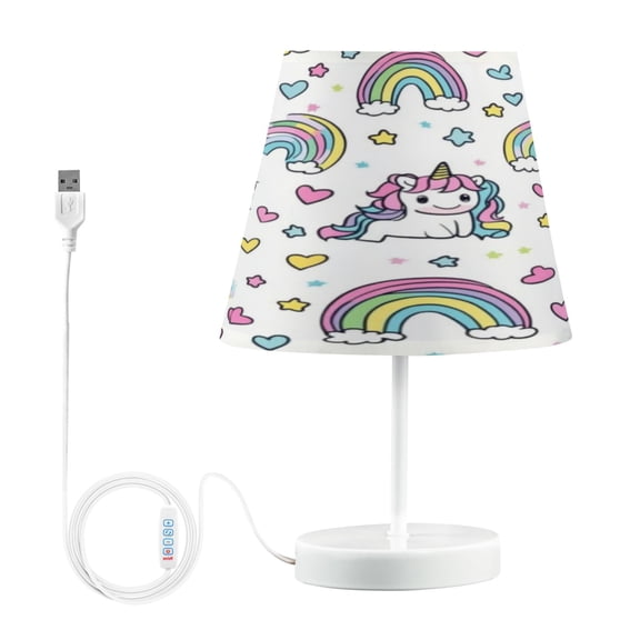 WOBOGO Pattern with Cute Unicorns and Rainbows Table Lamps Bedroom 3-Speed Dimmable Farm Style with Fabric Shade for Reading and Home Office