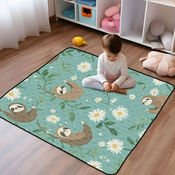 WOBOGO Pattern with Daisies and Sloths Hanging on Vines Baby Playmats Extra Large Waterproof Rollable Activity Pads for Toddlers 5050inch