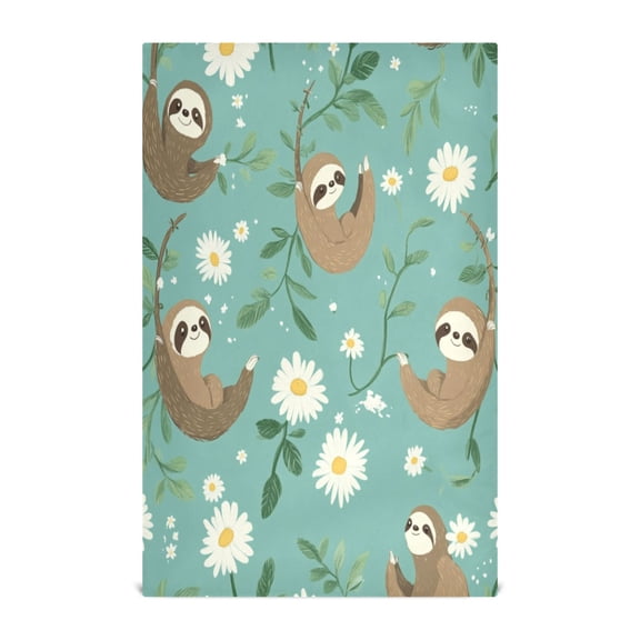 WOBOGO Pattern with Daisies and Sloths Hanging on Vines Kitchen Towel 1 Piece Large Cotton Dishcloth Premium Absorbency Set with Hanging Loop