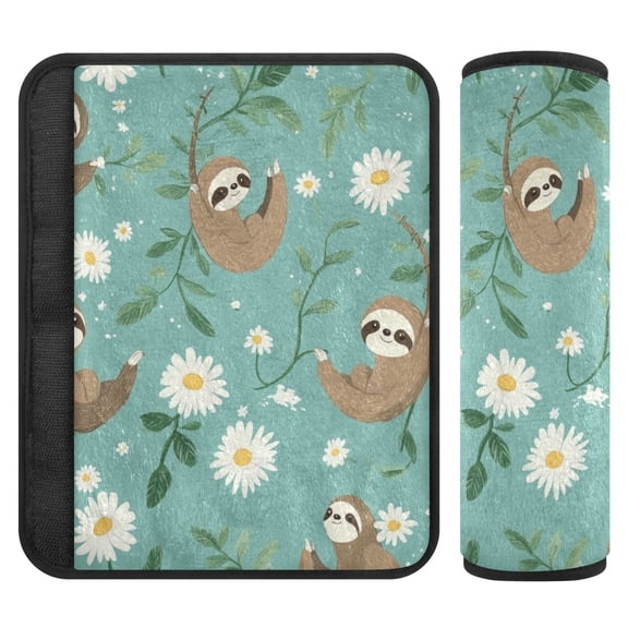 WOBOGO Pattern with Daisies and Sloths Hanging on Vines Seat Belt Cover 2 Piece Soft Comfort Driving Shoulder Pad Suitable for All Cars and Backpacks