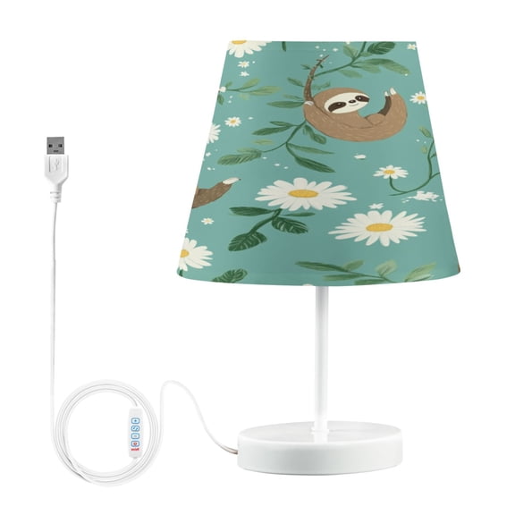 WOBOGO Pattern with Daisies and Sloths Hanging on Vines Table Lamps Bedroom 3-Speed Dimmable Farm Style with Fabric Shade for Reading and Home Office