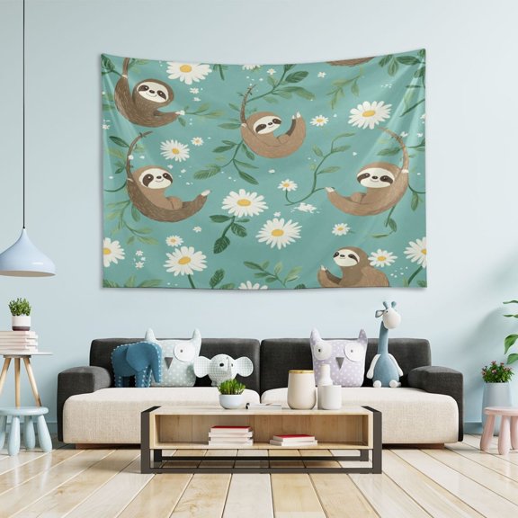 WOBOGO Pattern with Daisies and Sloths Hanging on Vines Tapestry 60×51in Home Living Room Bedroom Wall Hanging Ornaments