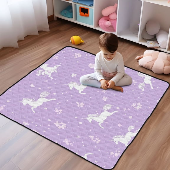 WOBOGO Pattern with Flying Unicorns and Flowers Baby Playmats Extra Large Waterproof Rollable Activity Pads for Toddlers 5050inch