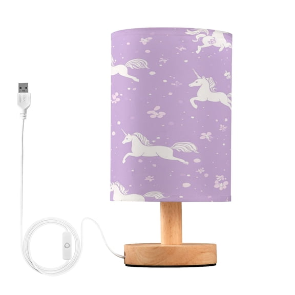 WOBOGO Pattern with Flying Unicorns and Flowers Bedroom Table Lamp USB Power Connector Wooden Base Round Linen Shade For Living Room Desk