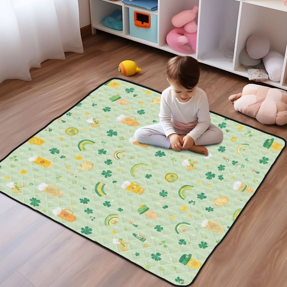 WOBOGO Pattern with Rainbows Shamrocks and Leprechaun Hat Baby Playmats Extra Large Waterproof Rollable Activity Pads for Toddlers 5050inch