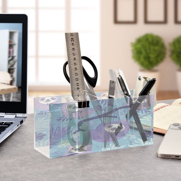 WOBOGO Pattern with Sloth Hanging on Tree Branches Acrylic Pen Holder 4 Compartments Clear Pencil Organizer Makeup Brush Storage Case