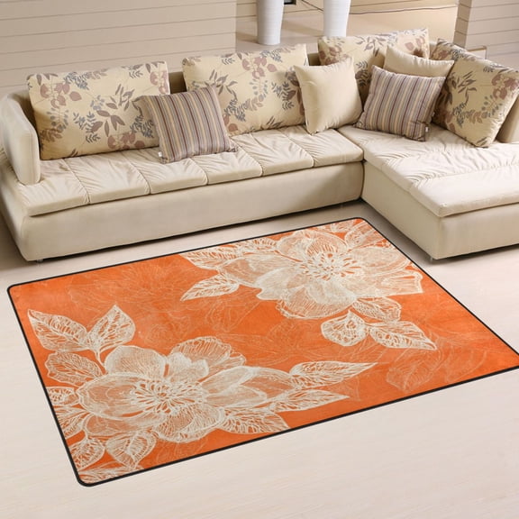 WOBOGO Peach Lace Pattern on Orange Background Carpet Non-Slip Rugs Soft Doormat 60×39in Living Dining Room Bedroom Decorative
