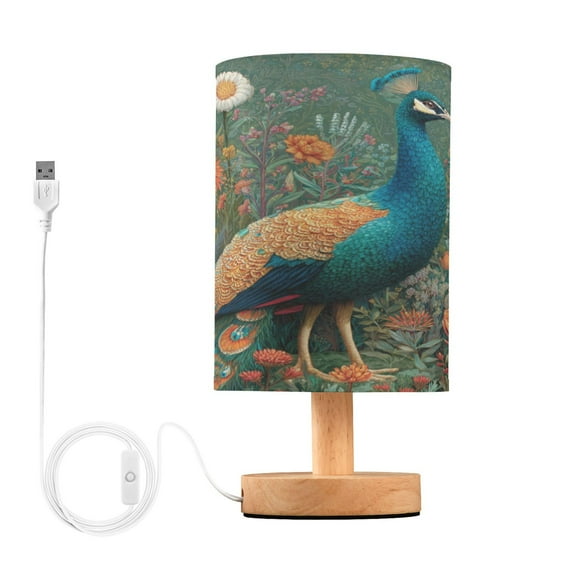 WOBOGO Peacock Bedroom Table Lamp USB Power Connector Wooden Base Round Linen Shade For Living Room Desk