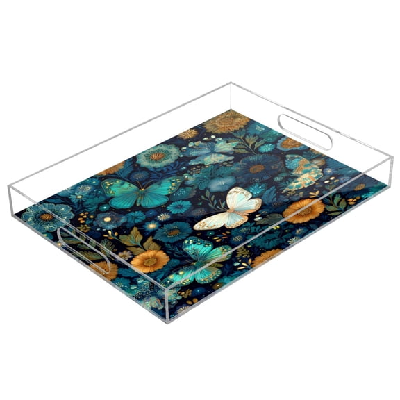 WOBOGO Peacock Butterfly Acrylic Serving Trays 15.7x11.8 Inch Spill Proof Clear Decorative Organizer with Handle