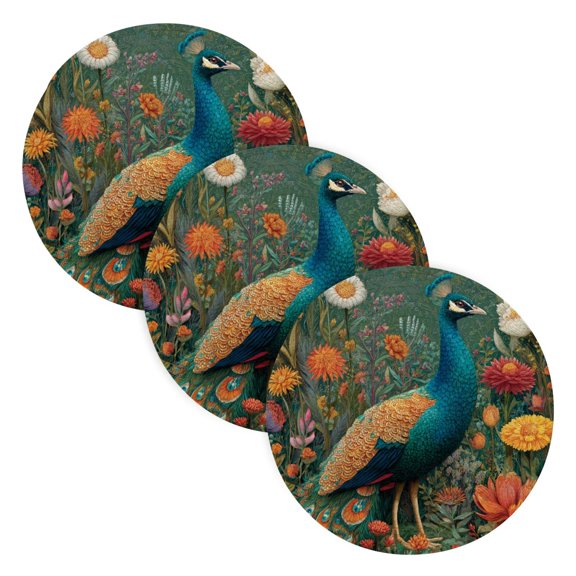 WOBOGO Peacock Coil Placemats 3pcs Resistant Hot Pads Mat for Table Counter Cooking Potholder 15in
