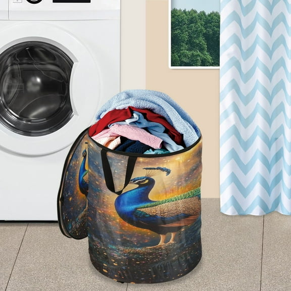 WOBOGO Peacock Of Stars Foldable Laundry Baskets with Carry Handle Zipper Closure Travel Bathroom College Dorm Essentials