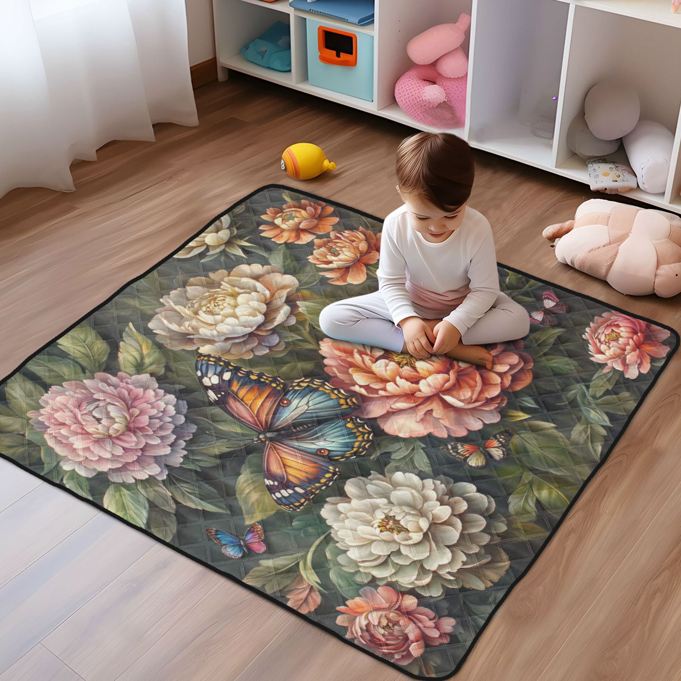 WOBOGO Peony Butterfly Painting Baby Playmats Extra Large Waterproof Rollable Activity Pads for Toddlers 50×50inch