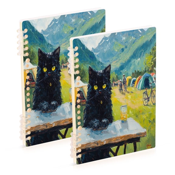 WOBOGO Picnic Black Cat Notebook College Horizontal Grid Paper Ink Spill Resistant Water Resistant Cover 8.3x5.7x0.4in