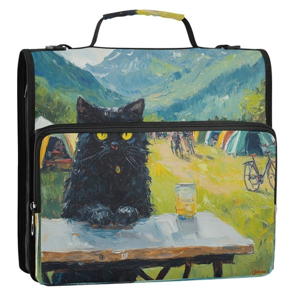 WOBOGO Picnic Black Cat Ring Binder Bag 1.5in Folder Organizer with Shoulder Strap for 13Inch Laptop and 500 Sheets of Paper
