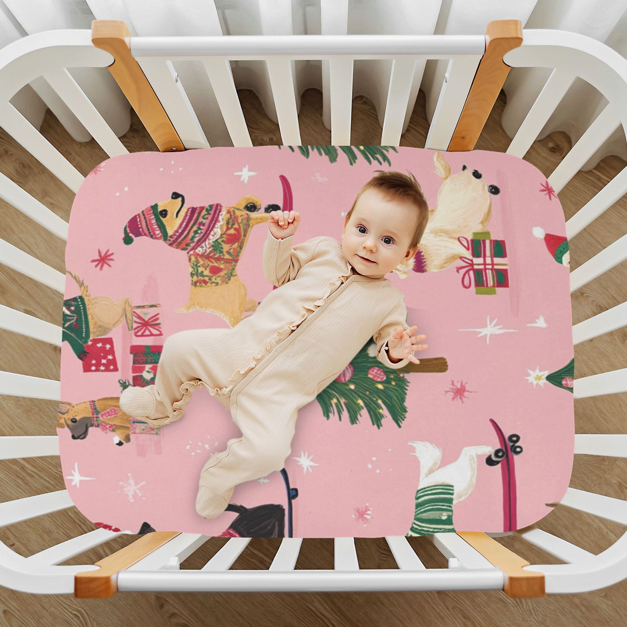 WOBOGO A Pink Background with Dogs in Christmas Costumes Baby Crib Sheets Super Soft Microfiber Playard Sheet Fitted Design for Maximum Comfort and Safety52×28×9in
