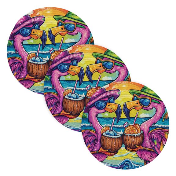 WOBOGO Pink Cartoon Flamingos Coil Placemats 3pcs Resistant Hot Pads Mat for Table Counter Cooking Potholder 15in
