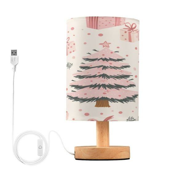 WOBOGO Pink Christmas Tree Gift Boxes Pattern Bedroom Table Lamp USB Power Connector Wooden Base Round Linen Shade For Living Room Desk