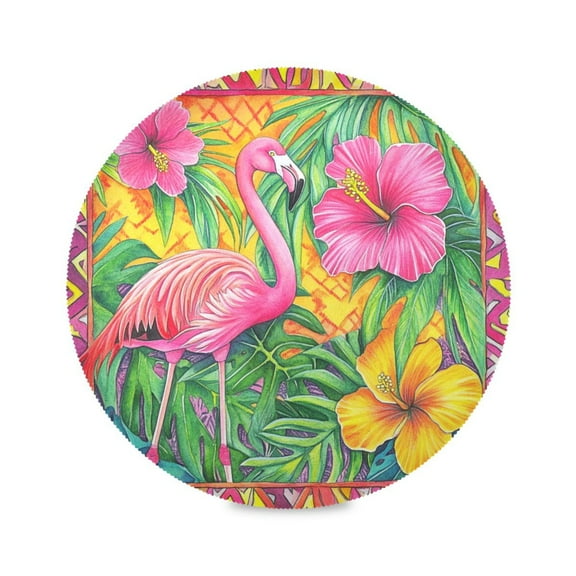 WOBOGO Pink Flamingo Round Placemats Set of 6 Heat Resistant Washable Kitchen Table Decorations 15.4in