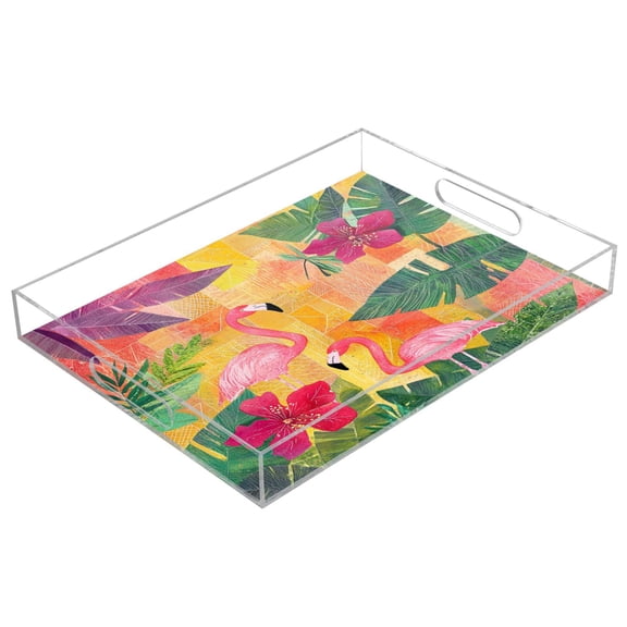 WOBOGO Pink Flamingos Acrylic Serving Trays 15.7x11.8 Inch Spill Proof Clear Decorative Organizer with Handle