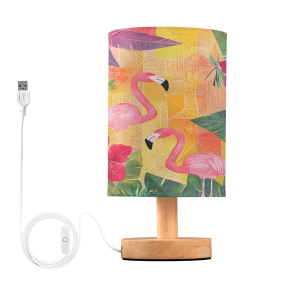 WOBOGO Pink Flamingos Bedroom Table Lamp USB Power Connector Wooden Base Round Linen Shade For Living Room Desk