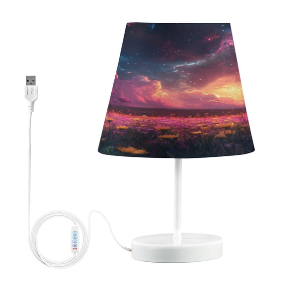 WOBOGO Pink Flower Sea Table Lamps Bedroom 3-Speed Dimmable Farm Style with Fabric Shade for Reading and Home Office