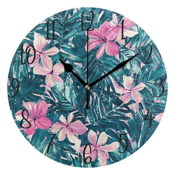 WOBOGO Pink Flower Wall Clock 10in Silent Mechanism Battery Operated Retro Style for Living Room Bedroom and Kitchen Black Pointer