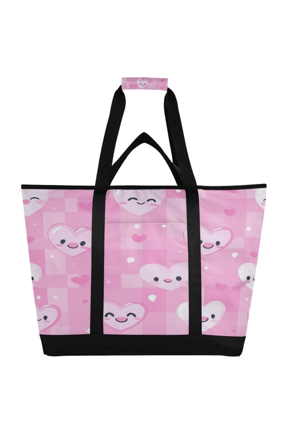 Pink Gingham Love Pattern Tote Cooler Bag Fold Flat Insulated Shopping Bag With Zipper For Work Picnic Beach Use 186.724in