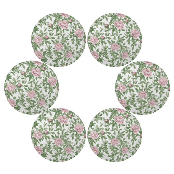 WOBOGO Pink Peonies Pattern Round Placemats Set of 6 Heat Resistant Washable Kitchen Table Decorations 15.4in