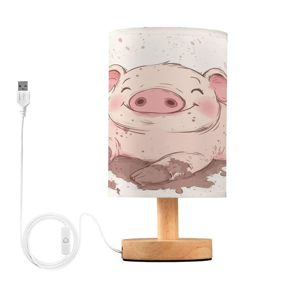 WOBOGO Pink Pig Bedroom Table Lamp USB Power Connector Wooden Base Round Linen Shade For Living Room Desk