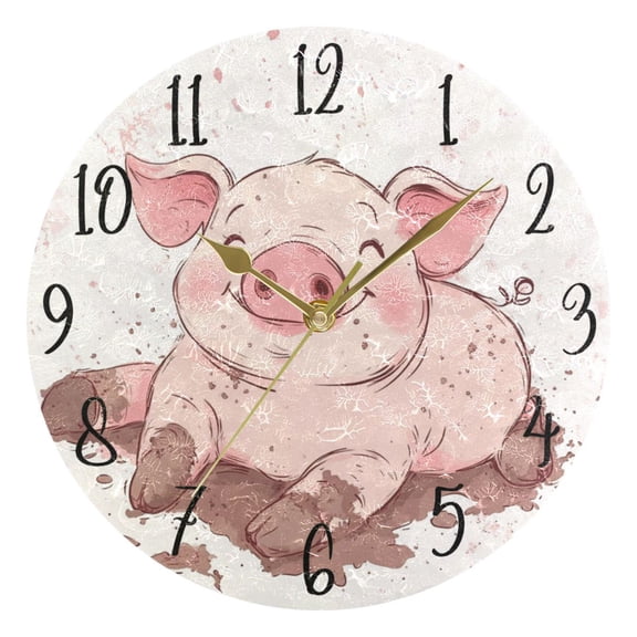 WOBOGO Pink Pig Wall Clock 10in Silent Mechanism Battery Operated Retro Style for Living Room Bedroom and Kitchen Gold Pointer