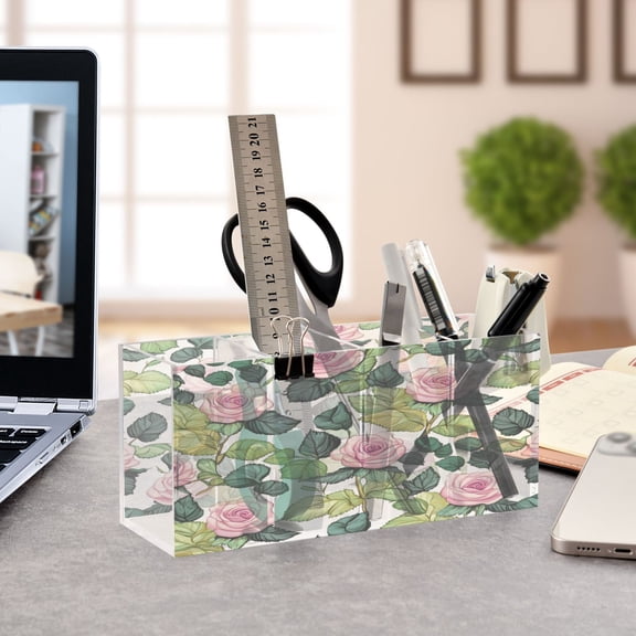 WOBOGO Pink Rose Acrylic Pen Holder 4 Compartments Clear Pencil Organizer Makeup Brush Storage Case