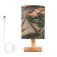 thumbnail image 1 of WOBOGO Pink Rose Bedroom Table Lamp USB Power Connector Wooden Base Round Linen Shade For Living Room Desk, 1 of 7