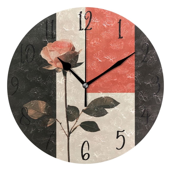 WOBOGO Pink Rose Wall Clock 10in Silent Mechanism Battery Operated Retro Style for Living Room Bedroom and Kitchen Black Pointer
