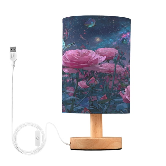 WOBOGO Pink Roses Bedroom Table Lamp USB Power Connector Wooden Base Round Linen Shade For Living Room Desk