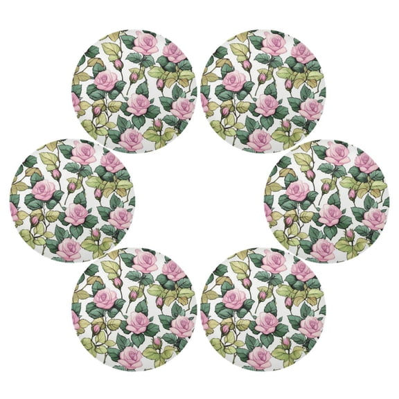WOBOGO Pink Roses Round Placemats Set of 6 Heat Resistant Washable Kitchen Table Decorations 15.4in