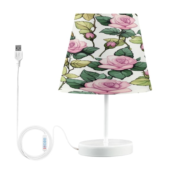 WOBOGO Pink Roses Table Lamps Bedroom 3-Speed Dimmable Farm Style with Fabric Shade for Reading and Home Office