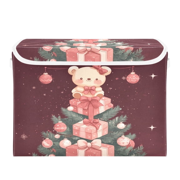 WOBOGO Pink Teddy Bear Large Collapsible Storage Box Flip Lid Fabric Decorative Organizer Container Basket with Handles 16.512.611.8in
