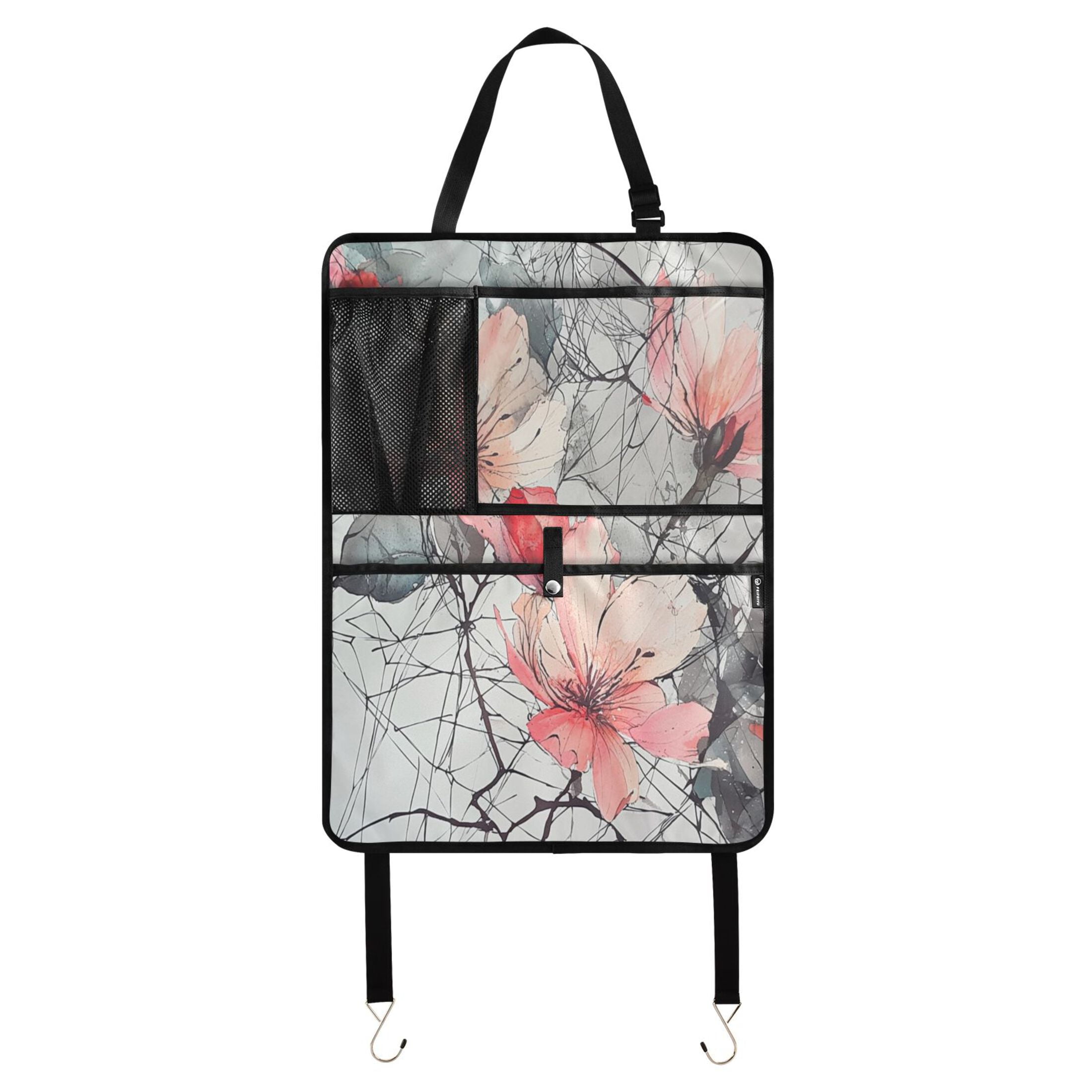 WOBOGO Pink Watercolor Flower Backseat Car Organizer 2 PCS Footed Universal Car with Touch Screen Tablet Holder Rear Seat Protector
