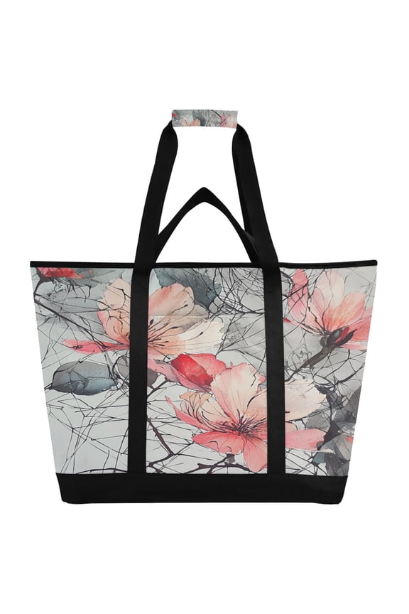 Pink Watercolor Flower Tote Cooler Bag Fold Flat Insulated Shopping Bag With Zipper For Work Picnic Beach Use 186.724in