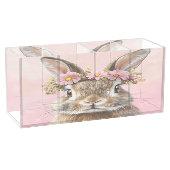 WOBOGO Pink Wreath Bunny Acrylic Pen Holder 4 Compartments Clear Pencil Organizer Makeup Brush Storage Case