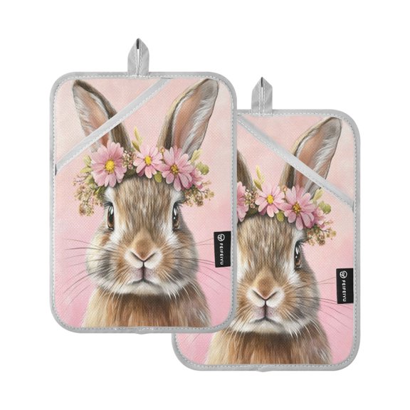 WOBOGO Pink Wreath Bunny Oven Mitts 2 Piece Heat Resistant 338 Degrees F Square Insulation Pads for A Wide Range of Cooking Occasions