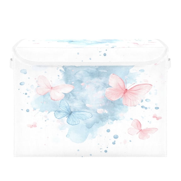 WOBOGO Pink and Blue Butterflies Large Collapsible Storage Box Flip Lid Fabric Decorative Organizer Container Basket with Handles 16.512.611.8in